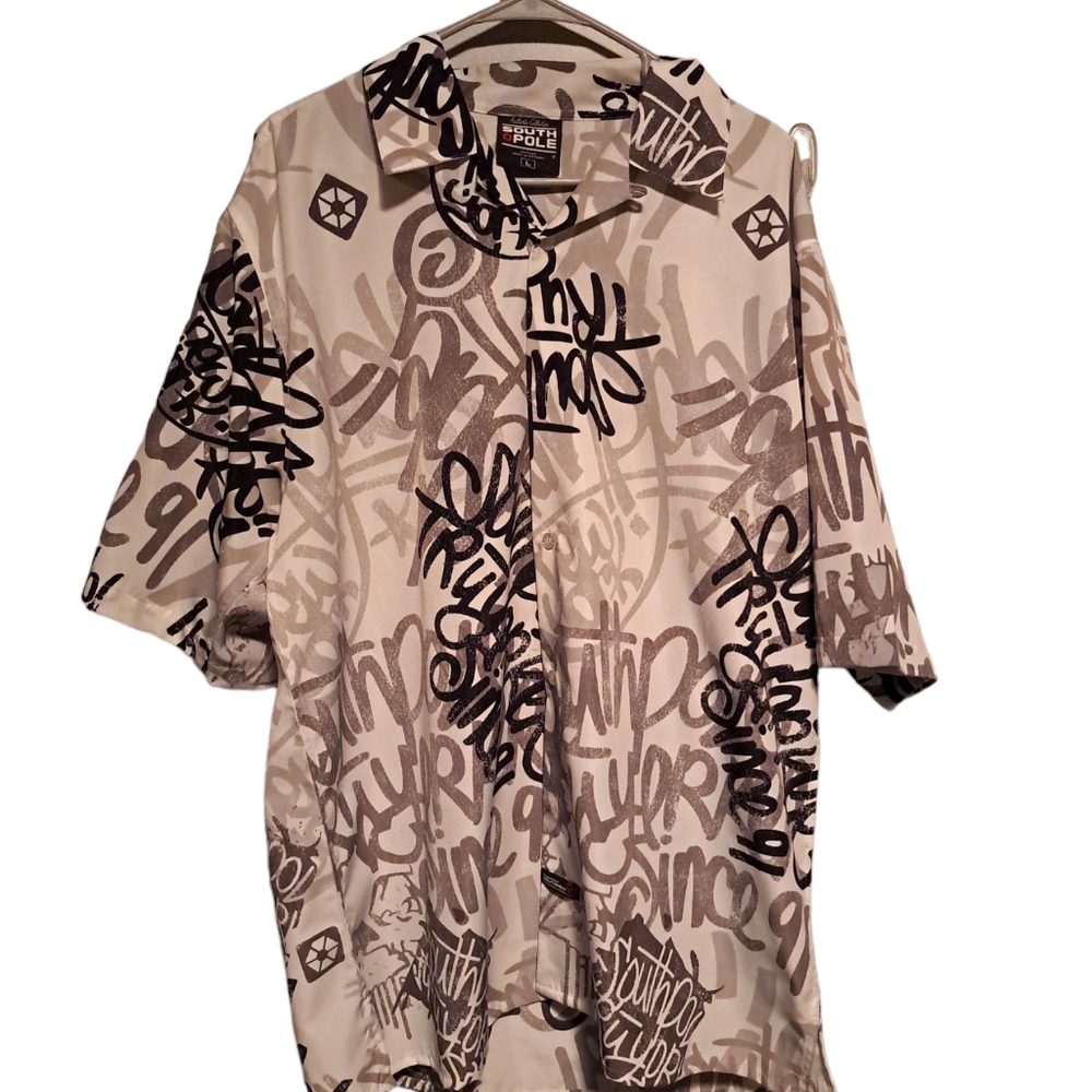SOUTH POLE All Over Print Vintage Button Shirt Sz L Hip Hop Graffiti Design